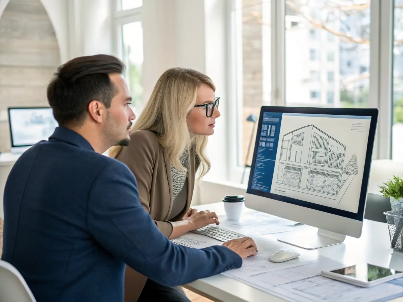 An image of a consultant discussing growth strategies with a client over a laptop and charts, set in a modern office environment, symbolizing collaboration and strategic planning.