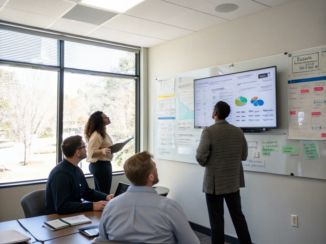 An image of a workflow diagram with team members collaborating around a table, illustrating process optimization and improved efficiency in a business setting.