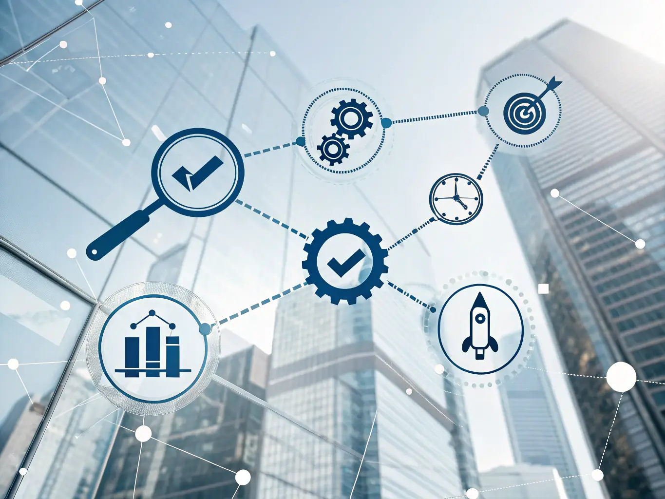 An image illustrating a streamlined business process, with interconnected icons representing various stages of optimization and efficiency improvements. The image should convey clarity and effectiveness.
