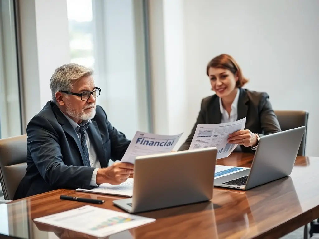 An image depicting a consultant working with a business owner, reviewing financial documents and discussing growth strategies in a modern office setting. The image should convey professionalism and collaboration.