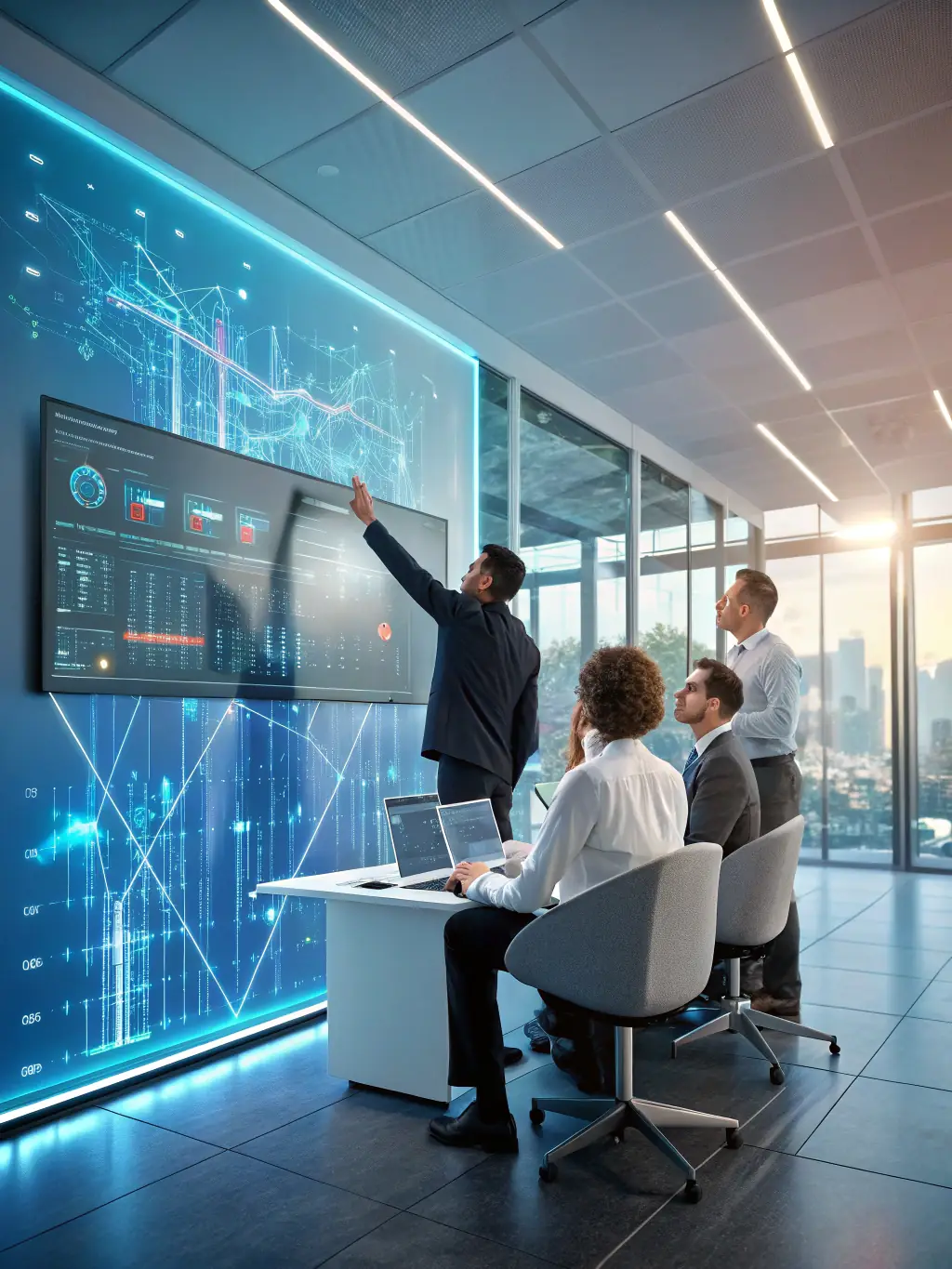 A team of consultants is analyzing market data and trends on a large screen, identifying potential opportunities for business expansion in Kazakhstan.