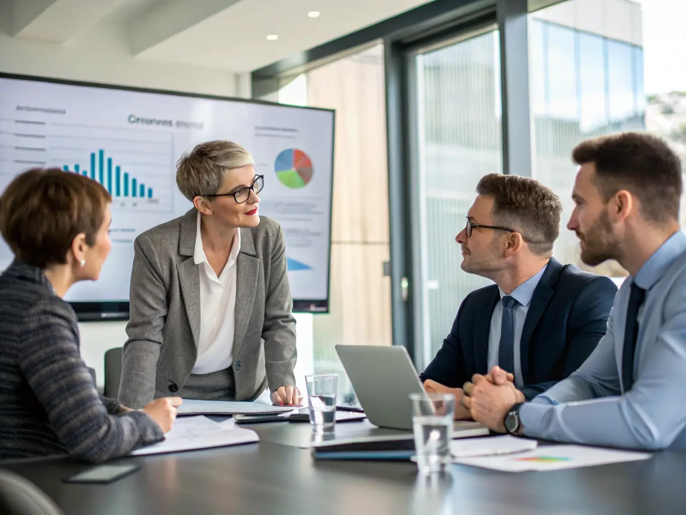 An image showing a team of consultants analyzing market data and trends on a large screen, with charts and graphs illustrating market entry strategies. The image should convey expertise and strategic thinking.